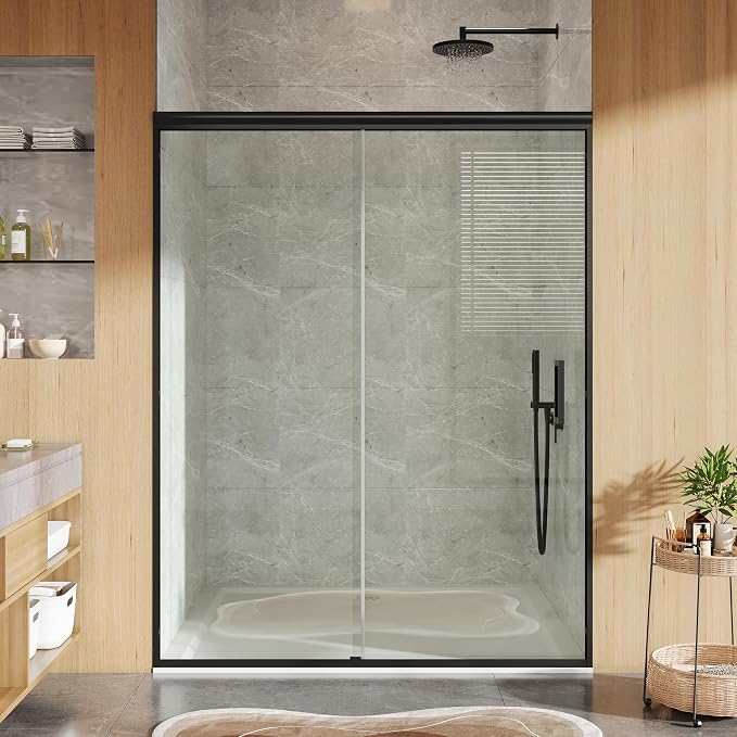 Sliding Shower Door 44–48 Inch W x 72 Inch H – Framed Double Sliding Tempered Glass Shower Enclosure with Easy-Clean Coating, Safe Wet-Dry Separation Design for Family Bathrooms Matte Black