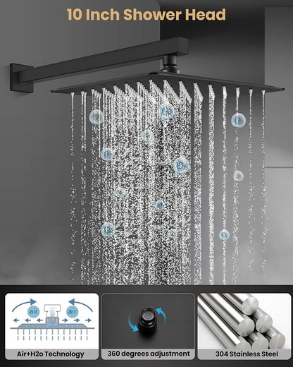 Airuida 10 Inch Matte Black Shower Faucet Set,Shower Valve Kit | Rainfall Shower Head and Handle Set,Female Thread Rough-in Valve Shower Kit,Single Function Shower System