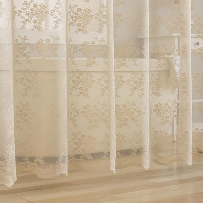TUDECO Beige Lace Shower Curtain with Attached Valance, 72 x 72 Inch | Antique Vintage, Floral Pattern, Tan Bathroom Curtain, Scalloped Edges, Light Filtering, Soft Privacy, Reinforced Holes