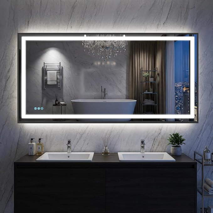 Antok 60X30 LED Bathroom Mirror with Lights, Vanity Mirror for Wall with Black Frame, Touch Control, Anti-Fog, Dimmable Lights, Shatter-Proof, Memory Function, Wall-Mounted Vanity Mirrors