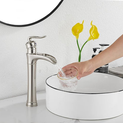 Waterfall Bathroom Faucet Brushed Nickel GGStudy Single Handle One Hole Tally Body Farmhouse Bathroom Vessel Sink Faucet Matching with Pop Up Drain