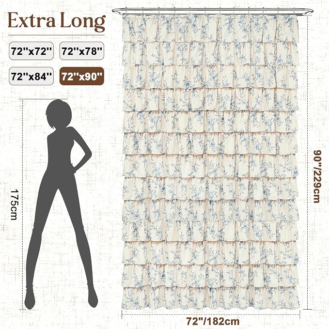 Extra Long Farmhouse Ruffle Shower Curtains with Blue Floral, 72"Wx90"L | French Country Vintage Rustic Washable Waterproof Shower Curtain for Bathroom Bathtub, 12 Metal Hooks