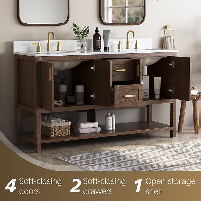 60 Inch Bathroom Vanity with Double Sink, Walnut | Farmhouse Bathroom Vanity with 2 Dovetail Drawers & Open Shelf, Engineered Stone Countertop with Backsplash, Fully Assembled