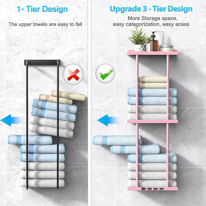 Towel Rack for Bathroom, Wall Mounted Vertical Rolled Towel Storage Organizer Holder with Shelf, Holds Up 6 Large Bath Sheets, Pink Large Size