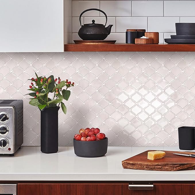 STICKGOO Arabesque Peel and Stick Backsplash, 12”X12” Backsplash Tile for Kitchen Peel and Stick, Self Adhesive Wall Tile Stick on Tiles (Pink Grey)