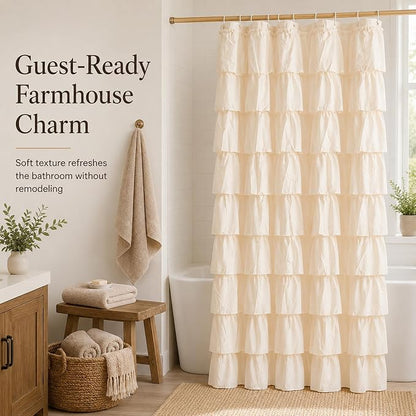Beige Ruffle Shower Curtain for Bathroom, 72x72, Elegant Ruffled Panle | Soft Cream Color, Cascading Waterfall Ruffles, 72 x 72, 12 Hooks Included, Machine Washable, Soft Microfiber Fabric, Opaque