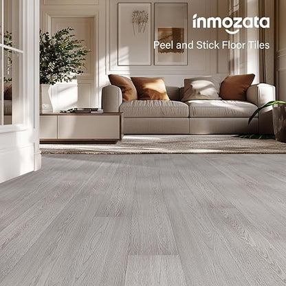INMOZATA 36-Pack Peel and Stick Flooring Vinyl Floor Tile (White Wash Wood) | 54 Sq.Ft, Waterproof, Heat-resistant, Wood Grain, Strong Adhesive, DIY Flooring for Bedroom Living Room Bathroom Kitchen RV