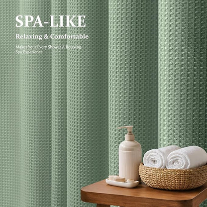 Stall Waffle Shower Curtain 256 GSM Heavy Fabric 48x72 Sage Green | 48 Inch Wide, Thick Cloth, Weighted Hem, Water Repellent, Hotel Luxury Polyester Shower Curtain Set for Bathroom 8 Hooks