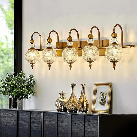 Vintage Bathroom Lights Fixtures Gold Vanity Light with Glass Globe LampShade 5 Light Brushed Brass G9 Bulb Wall Sconce Antique Indoor Vanity Light Over Mirror for Kitchen Bedroom Living Room