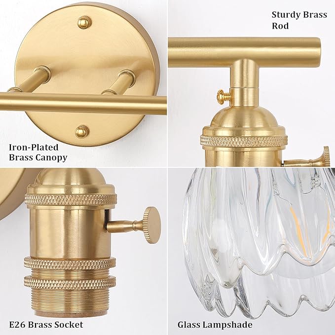 Bathroom Light Fixtures, 2-Light Brass Vanity wall Light Over Mirror with Clear Tulip Glass Shade for Bedroom Living Room (Bulb Not Included)