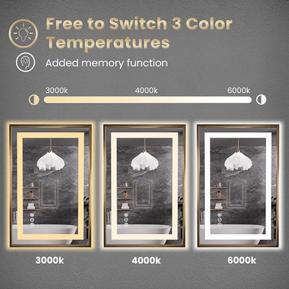 36"X30" LED Bathroom Mirror with Front Lit and Backlit(Brushed Gold) | Metal Framed Mirror, Stepless Dimmable, Anti-Fog, HD Reflection, Shatter-Proof, Memory, 3 Colors, Double LED Vanity Mirror.