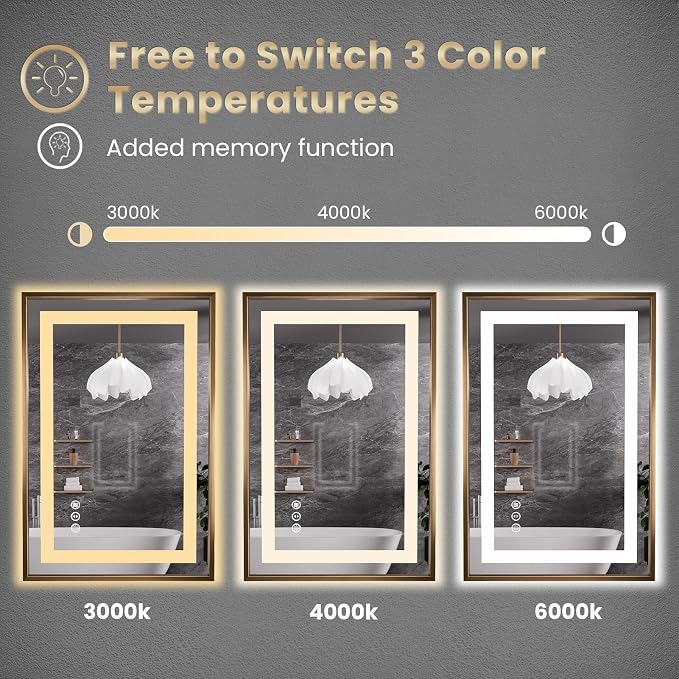 24"X36" LED Bathroom Mirror with Front Lit and Backlit(Brushed Gold) | Metal Framed Mirror, Stepless Dimmable, Anti-Fog, HD Reflection, Shatter-Proof, Memory, 3 Colors, Double LED Vanity Mirror.