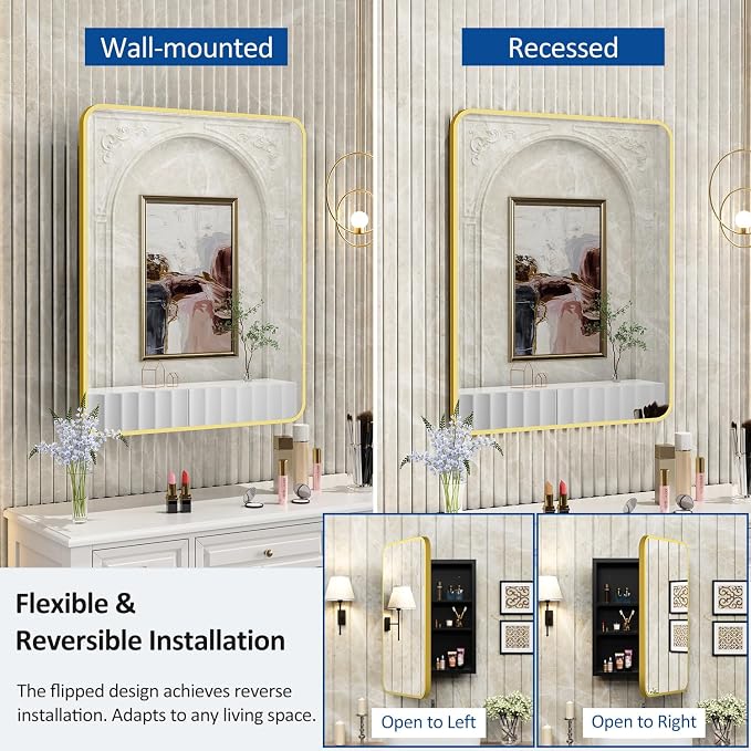 ACEMIRO 24x30 Inch Bathroom Medicine Cabinet with Mirror Gold Metal Framed Recessed or Surface Wall Mounted Mirrored Medicine Cabinets for Bathroom