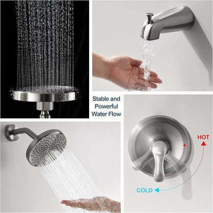Tub Shower Faucet Set with Valve, Tub and Shower Faucet Set Complete Brushed Nickel, Single-Handle Tub and Shower Trim Kit with High-Pressure 6 Inch Rain Shower Head and Tub Spout