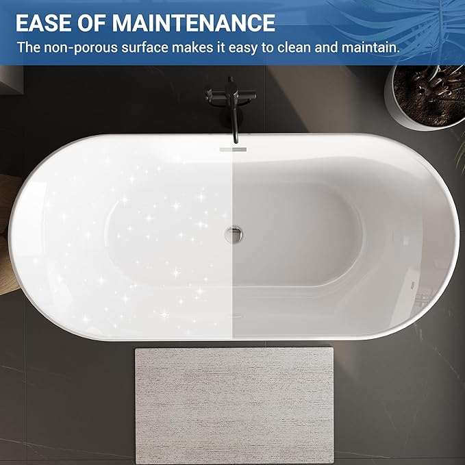 67 Inch Acrylic Freestanding Bathtub, Luxury Oval Soaking Tub, Modern Grey and White Stand Alone Bath with Chrome Drain and Overflow, Deep Soaking Tub for Bathroom