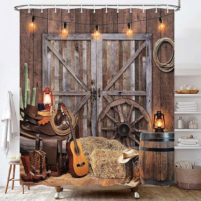 Western Cowboy Shower Curtain with Rustic Barn Door, Farmhouse Country Cactus Shower Curtains for Bathroom, Farm Wooden Vintage Fabric Bathtub Decor Accessories with Hooks, 70X70IN