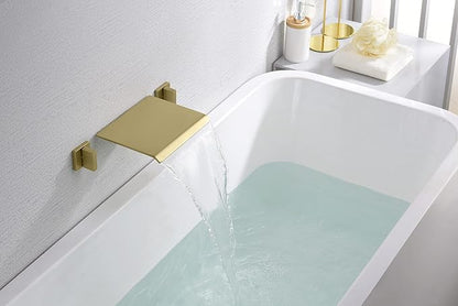 SUMERAIN Waterfall Tub Faucet Wall Mount Bathtub Faucet with Valve Brushed Gold Tub Filler 3 Hole, High Flow