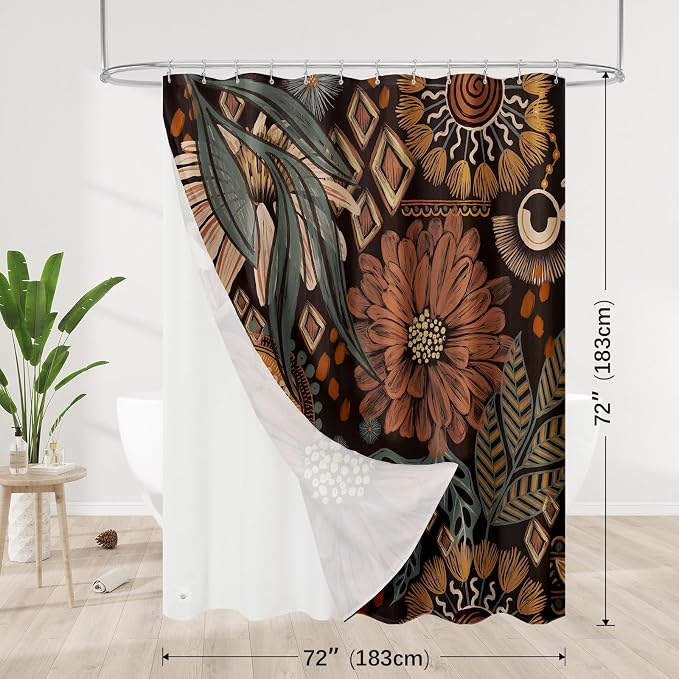 3 in 1 Dark Floral Shower Curtain Set with PEVA Liner & 12 Hooks, 72 x 72 | Boho Tropical Botanical Style, Farmhouse Floral Fabric, Modern Hotel Inspired, Water‑Repellent, Machine Washable
