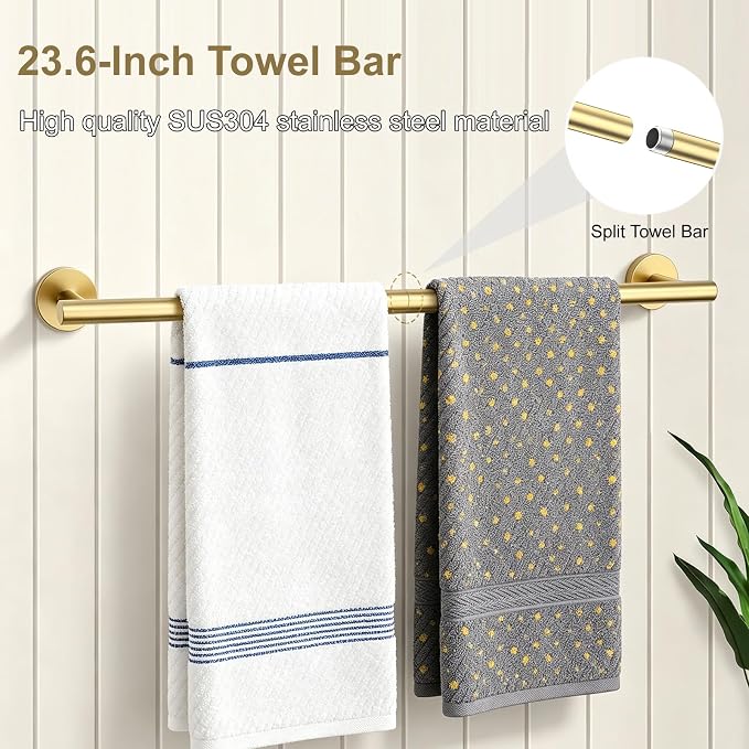 5 Pieces Brushed Gold Bathroom Accessories Set Bath Towel Bar Set | 24 Inch Towel Racks, 304 Stainless Steel, Modern Design, Sturdy and Rustproof, Easy to Install, Save Space, No Sharp Edges