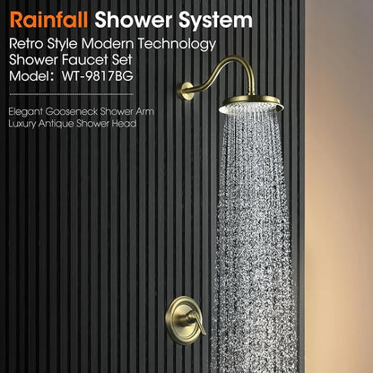 Rainfall Shower System Shower Faucet Set, Luxury, Antique, Light Gold | 9 Inch Single Function Shower Head, Pressure Balance Valve, Wall Mounted, Bathroom, Shower Trim Kit