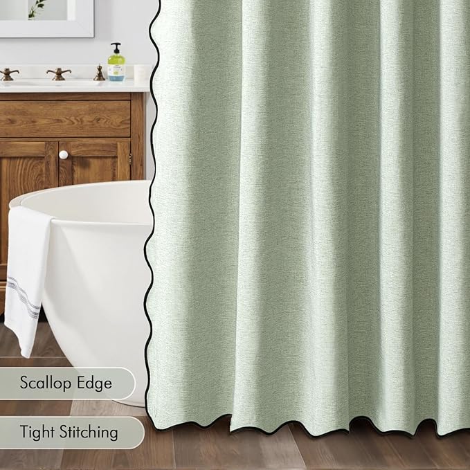 MIULEE 72"x84" Extra Long Scalloped Linen Shower Curtain Sage Green | Linen Textured, Waterproof, Washable, 12 Metal Hooks, Heavy Duty Cloth, Black Border, Shower Curtain for Bathroom Bathtub