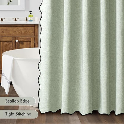 MIULEE 72"x84" Extra Long Scalloped Linen Shower Curtain Sage Green | Linen Textured, Waterproof, Washable, 12 Metal Hooks, Heavy Duty Cloth, Black Border, Shower Curtain for Bathroom Bathtub