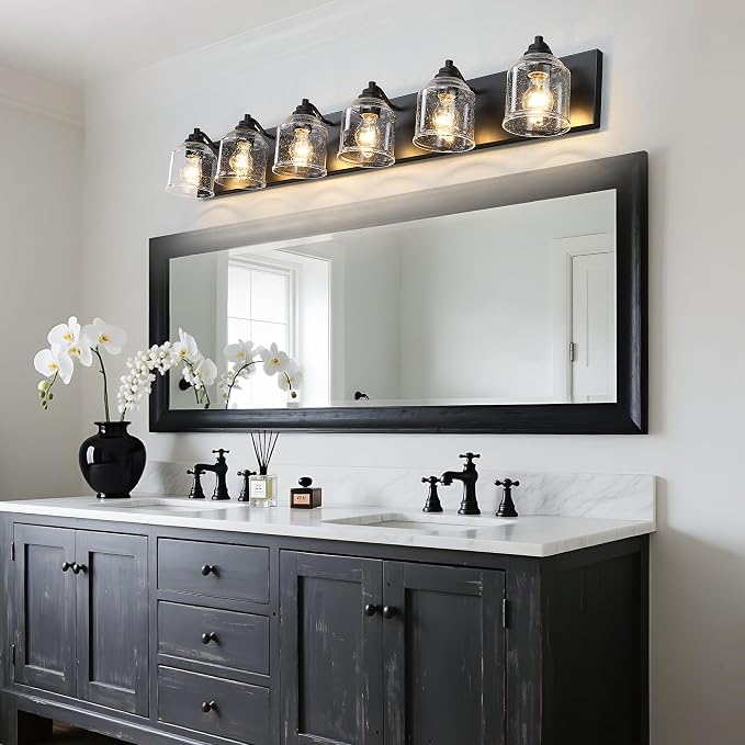 6-Light Bathroom Vanity Lights Large 48in with Bubble Glass Shades | Farmhouse Rustic style, Matte Black Metal Base, E26 Ceramic Socket, UL&ETL Listed, Up&Down Mountable, Hardwired, over Mirror