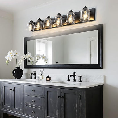 6-Light Bathroom Vanity Lights Large 48in with Bubble Glass Shades | Farmhouse Rustic style, Matte Black Metal Base, E26 Ceramic Socket, UL&ETL Listed, Up&Down Mountable, Hardwired, over Mirror