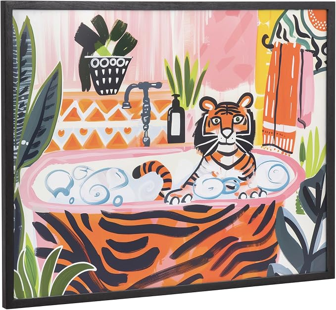 Kate and Laurel Bold Maximalist Tiger in Bubble Bath Framed Wall Art by The Creative Bunch Studio, 20x16 Black, Cute Animal Bathroom Art for Wall