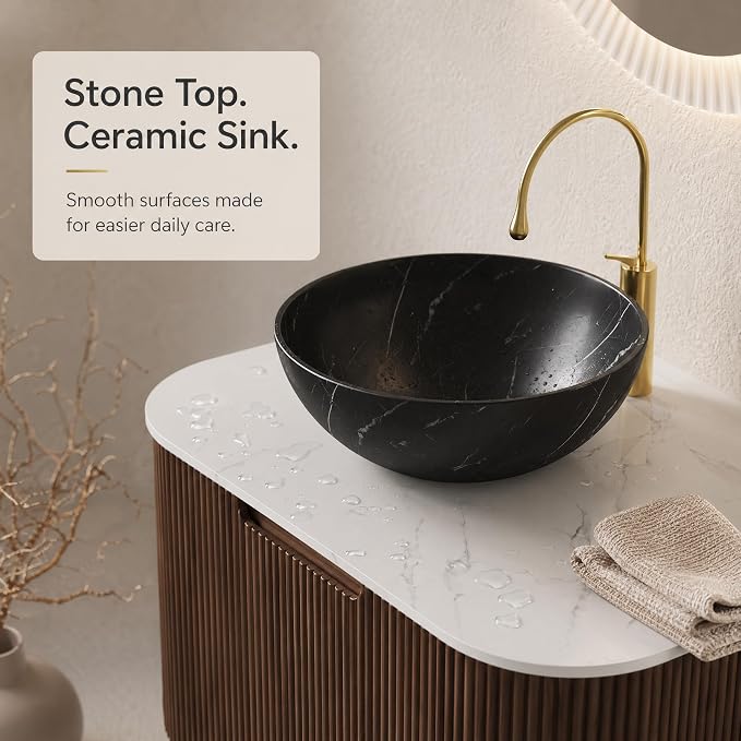 24 Inch Bathroom Vanity with Sink, Floating Wall Mounted Single Sink Vanity for Small Baths, Dark Walnut Curved Fluted Front, Stone Top, Black Marble Vessel Basin, Pre-Assembled