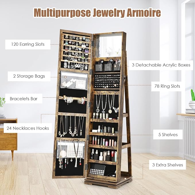 CHARMAID 360° Swivel Jewelry Armoire with Higher Full Length Mirror, Standing Lockable Jewelry Cabinet Organizer, Large Storage Capacity, Inside Makeup Mirror, Back Storage Shelves (Rustic Brown)