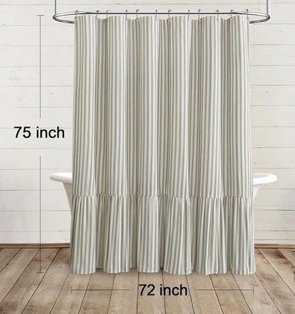 Farmhouse Shower Curtain Ruffle Linen Cream-Green Stripe 72"W x 75"L | Farmhouse Boho, Striped, Bottom Ruffle, Linen Fabric, Rustic, Country, Natural Look, Washable, for Bathroom Bathtub