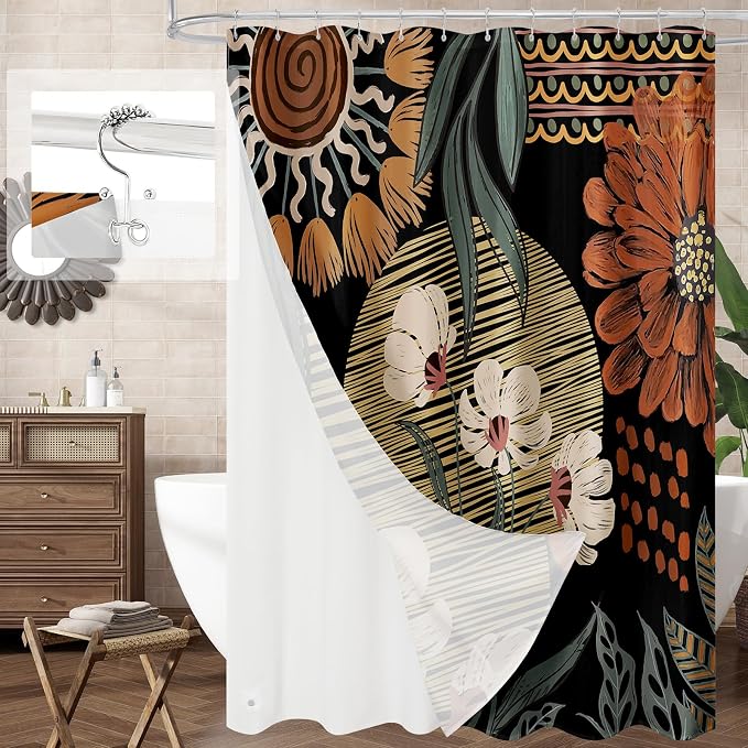 3 in 1 Boho Rustic Shower Curtain Set with PEVA Liner & 12 Hooks, 72 x 84 | Boho Tropical Botanical Style, Farmhouse Floral Fabric, Modern Hotel Inspired, Water‑Repellent, Machine Washable