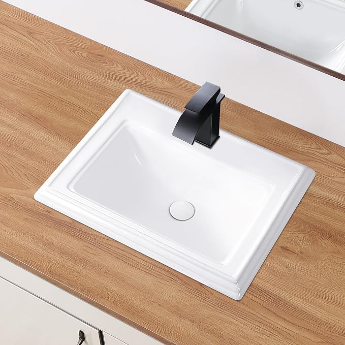 23" Drop-in Bathroom Sink With Single Hole White Ceramic Rectangular Vanity Basin Modern Self-Rimming Design for Master Bath, Powder Room and Guest Bathroom