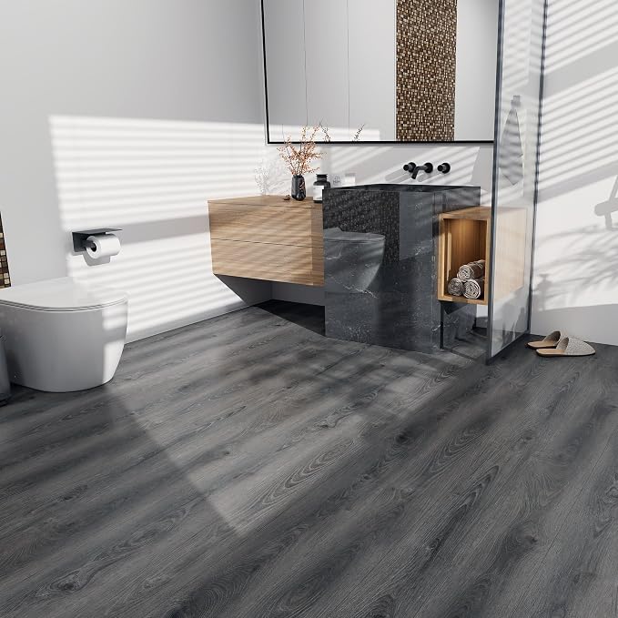 Lareko Wood Look Vinyl Flooring Roll,11.8"X197",Peel & Stick Floor Tile | Covers 16 Sq.Ft,Waterproof,Removable,Wide Plank DIY For renters and Home Decor ,Grey Oak Wooden Self-Adhesive Floor Sheet
