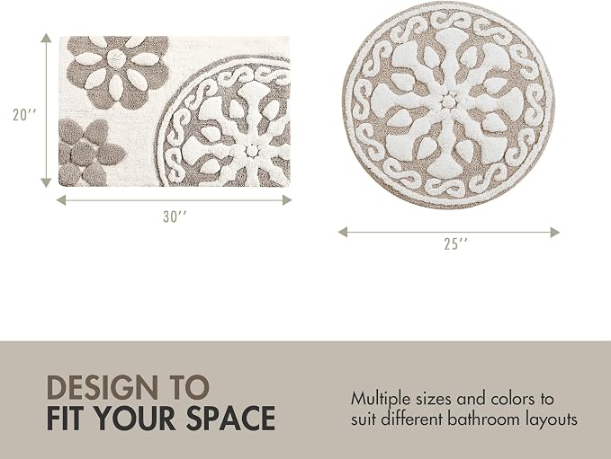 Madison Park Casablanca Tufted Cotton Bath Rug Non-Slip, Round 25", Taupe | Luxurious Plush Bath Mat, Quick Dry, Soft, Machine Washable, Floral Pattern, Absorbent, Plush, OEKO-TEX, for Bathroom