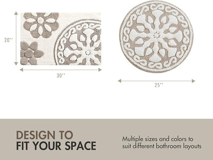 Madison Park Casablanca Tufted Cotton Bath Rug Non-Slip, Round 25", Taupe | Luxurious Plush Bath Mat, Quick Dry, Soft, Machine Washable, Floral Pattern, Absorbent, Plush, OEKO-TEX, for Bathroom