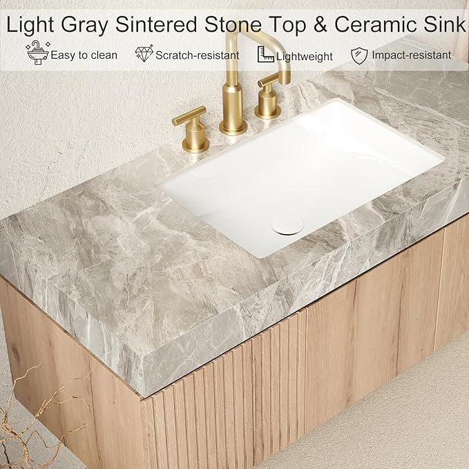 Ambrovina 30" Floating Bathroom Vanity with Sink, Modern Plywood Bathroom Storage Cabinet with Drawer and Door, Gray Sintered Stone Countertop and 3 Pre-drilled Faucet Holes Ceramic Basin, Light Oak