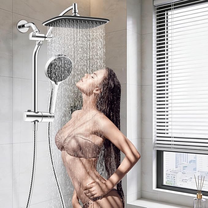 10" Rain Shower Head with Handheld/Extension Arm, Easy-Reach Holder, Chrome | High-Pressure Boosting Rainfall Showerhead with Metal Adjustable Extension Arm, 5-Spray Modes with Power Wash, Easy Install