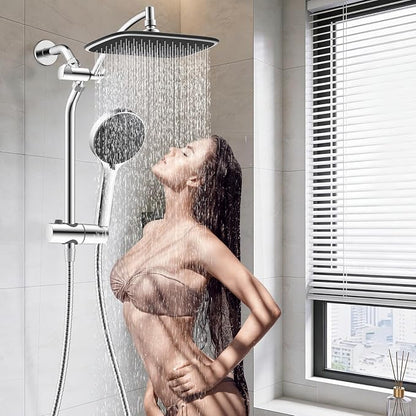 10" Rain Shower Head with Handheld/Extension Arm, Easy-Reach Holder, Chrome | High-Pressure Boosting Rainfall Showerhead with Metal Adjustable Extension Arm, 5-Spray Modes with Power Wash, Easy Install
