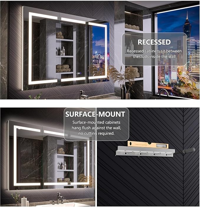 72W×36H Inch Smart LED Medicine Cabinet with Mirror, Bathroom Storage Medicine Cabinet, 3 Color Stepless Dimming & Anti-Fog, 5X Magnifier, Night Light, 3 Doors, DTC Soft-Close Hinges