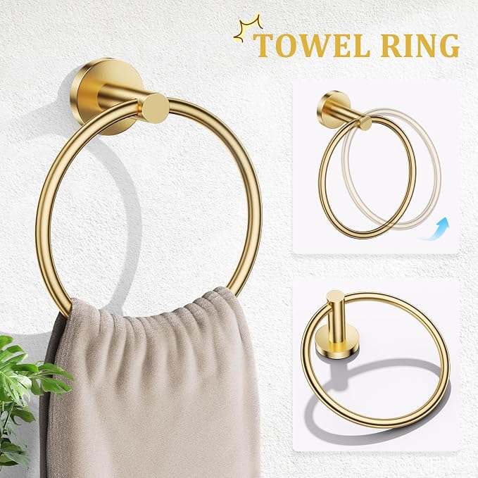 TURS Brushed Gold 5-Piece Bathroom Hardware Set Towel Bar Set SUS304 Stainless Steel Towel Racks for Bathroom Wall Mounted, 23.6-Inch