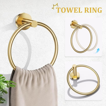 TURS Brushed Gold 5-Piece Bathroom Hardware Set Towel Bar Set SUS304 Stainless Steel Towel Racks for Bathroom Wall Mounted, 23.6-Inch