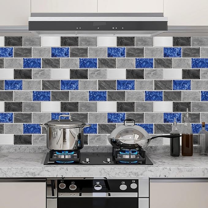 URCOLOR 10-Sheet Peel and Stick Backsplash Tiles Subway for Kitchen,12"x12" Self Adhesive Wall Tile Sticker on Back Splashes for Bathroom Grey Blue Marble Design