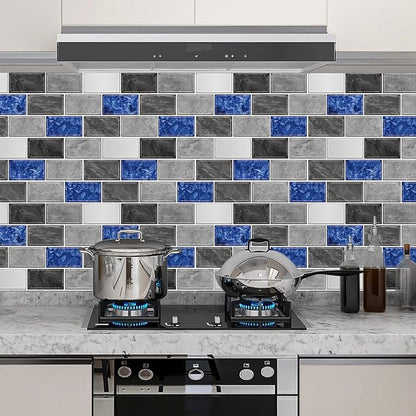 URCOLOR 10-Sheet Peel and Stick Backsplash Tiles Subway for Kitchen,12"x12" Self Adhesive Wall Tile Sticker on Back Splashes for Bathroom Grey Blue Marble Design