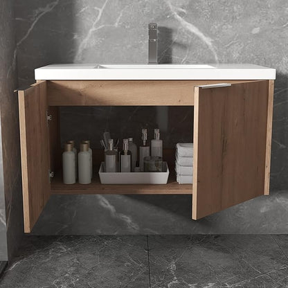 Henf 36" Wall Mount Bathroom Vanity with Sink Combo, Modern Floating Vanity with Soft Close Door, Solid Wood Cabinet with White Ceramic Integrated Sink for Small Space