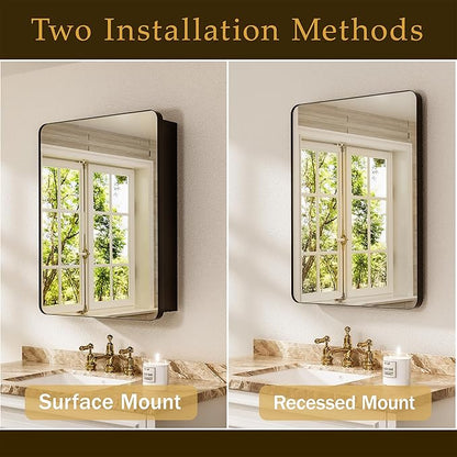 Medicine Cabinet with Mirror 16x24 Inch, Black Aluminum Bathroom Mirror Cabinet with Storage, 8 Adjustable Shelves Including 2 Anti-Tip Acrylic Boards, Recessed or Surface Mount, Soft Close