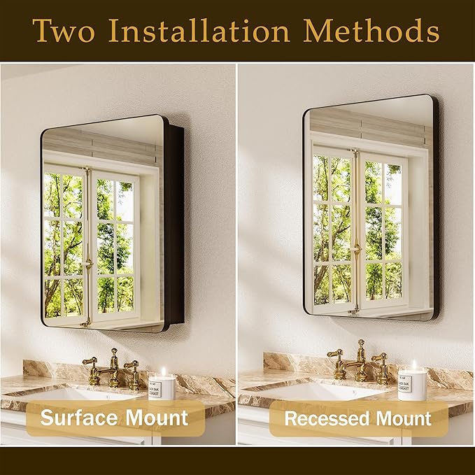 Medicine Cabinet with Mirror 20x30 Inch, Black Aluminum Bathroom Cabinet Recessed or Surface Mount, 8 Adjustable Shelves with Anti Tip Acrylic Guards, Rust Proof Wall Mirror for Vanity