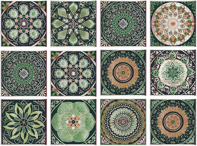 Easy Peel Stick Vinyl wall Tile Decals 6x6in Stick on backsplash,12Pc | Waterproof&heat resistant tile stickers for kitchen RV laundry backsplash decor,remove no damaging,green mandala pattern