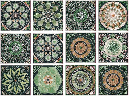 Easy Peel Stick Vinyl wall Tile Decals 6x6in Stick on backsplash,12Pc | Waterproof&heat resistant tile stickers for kitchen RV laundry backsplash decor,remove no damaging,green mandala pattern